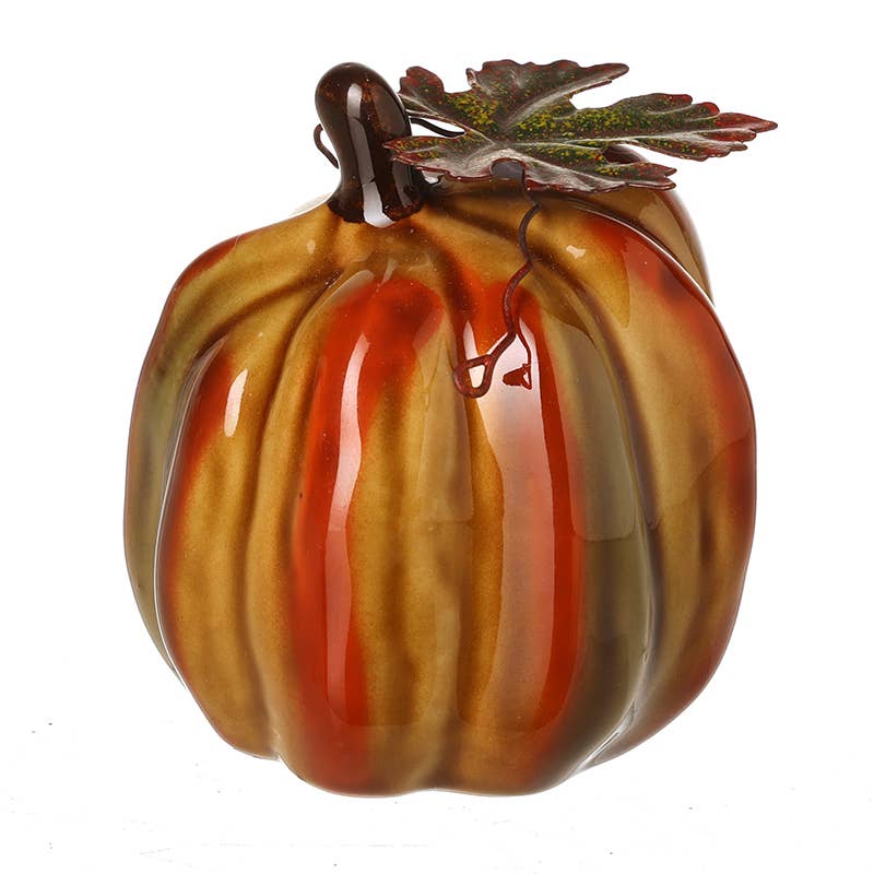 Ceramic Pumpkin With Metal Leaf