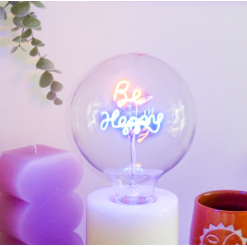 "Be Happy" Yellow and Blue LED Filament Light Bulb