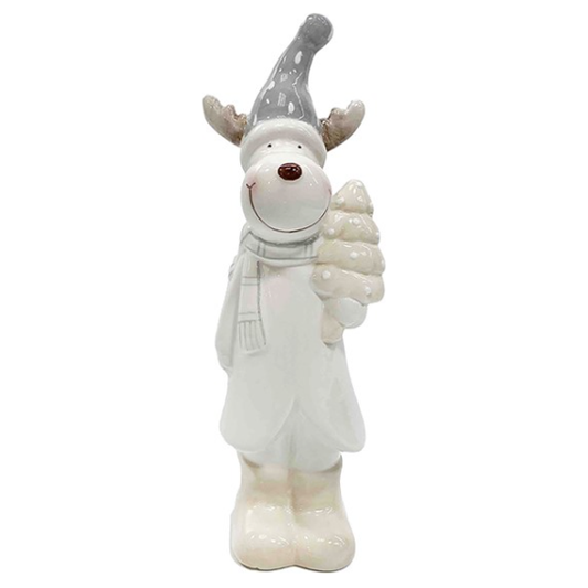 Grey and White Ceramic Reindeer With Christmas Tree