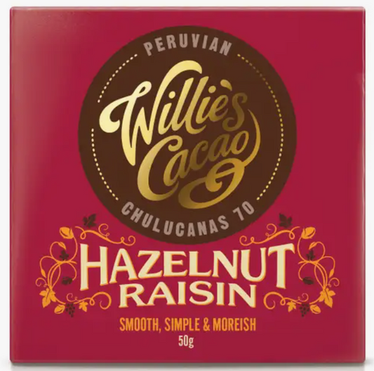 Willie's Cacao Hazelnut and Raisin Chocolate Bar 50g