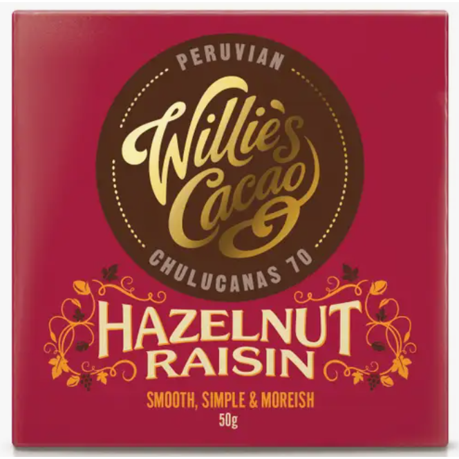 Willie's Cacao Hazelnut and Raisin Chocolate Bar 50g