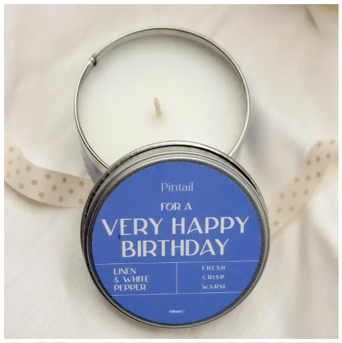 "For A Very Happy Birthday" Linen and White Pepper Occasion Candle