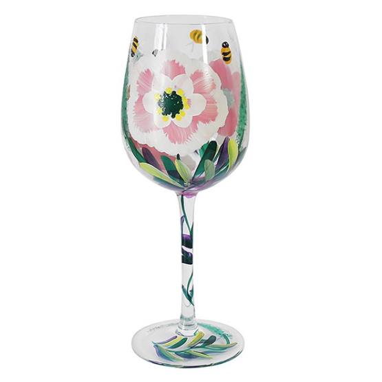 Hand Painted Wine Glass Peonies and Bees