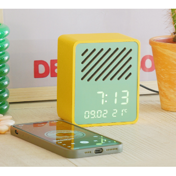 Rise and Play - Yellow Cabinet Green Fronted Bluetooth Speaker and Alarm Clock