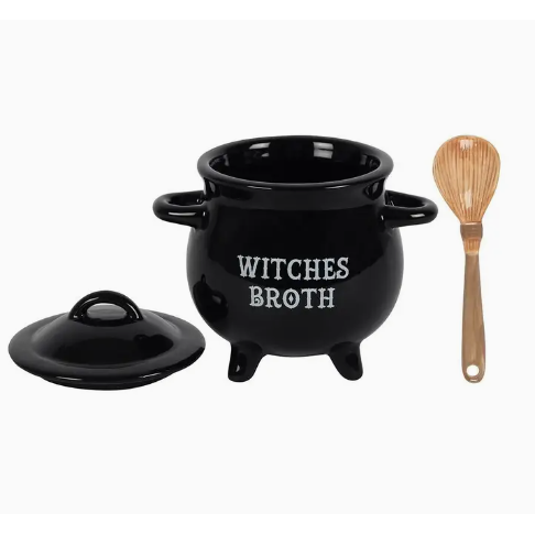 Witches Broth Cauldron Soup Bowl With Broom Spoon