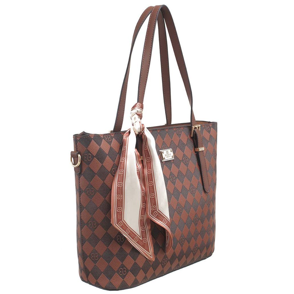 Spring Grid Shoulder Bag Set with Scarf Charm - Coffee