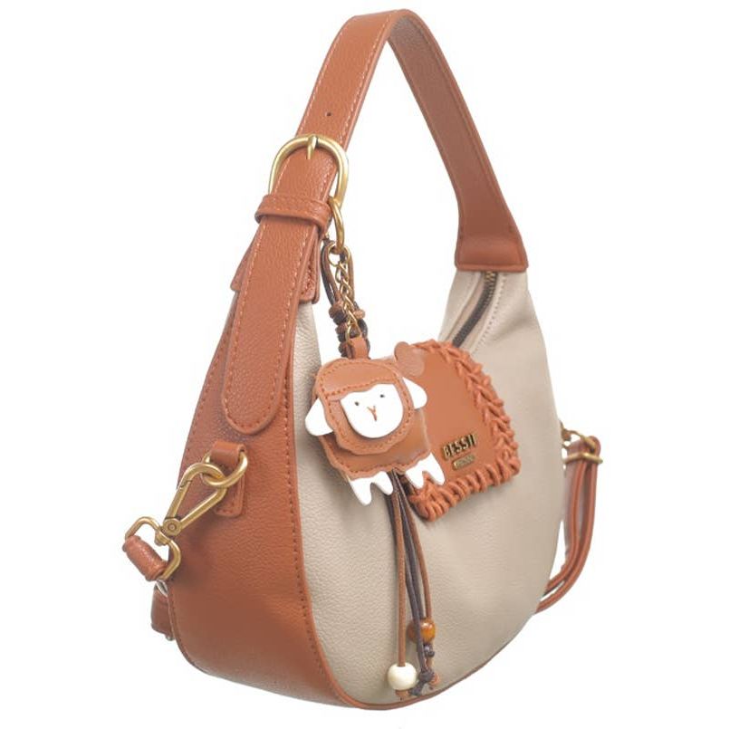 Flap Over Cross Body Handbag With Sheep Charm - Taupe