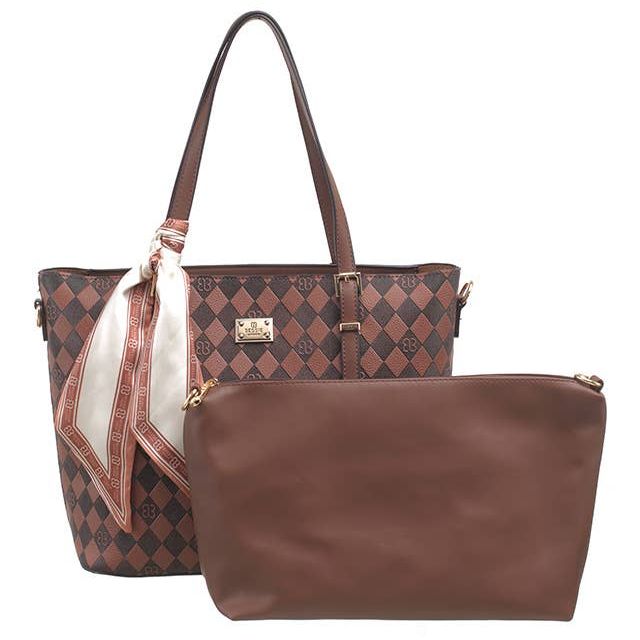 Spring Grid Shoulder Bag Set with Scarf Charm - Coffee