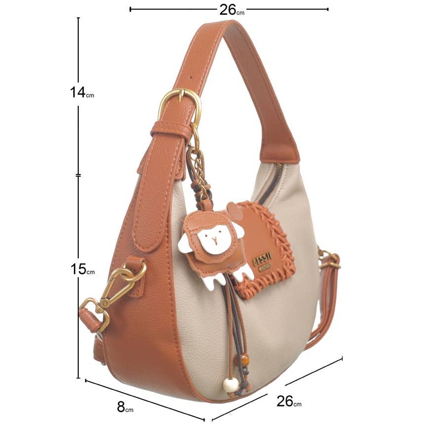 Flap Over Cross Body Handbag With Sheep Charm - Taupe