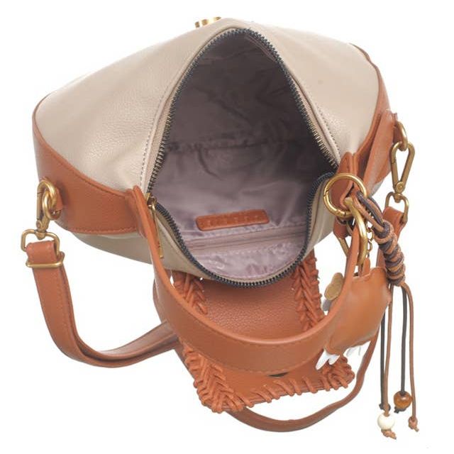 Flap Over Cross Body Handbag With Sheep Charm - Taupe