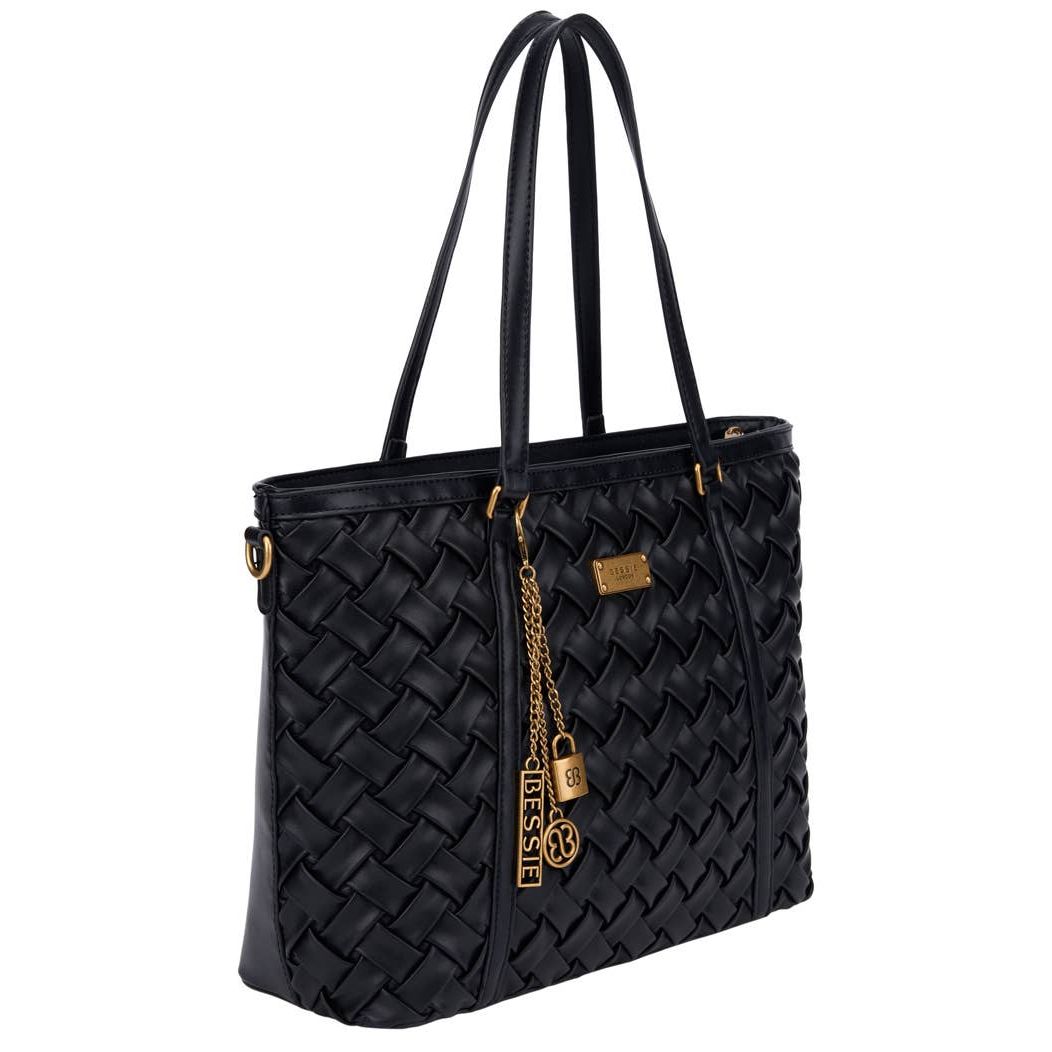 Weave Shoulder Bag with Charm - Black