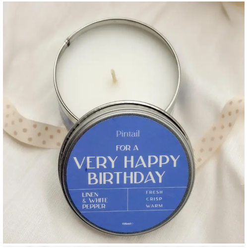 "For A Very Happy Birthday" Linen and White Pepper Occasion Candle