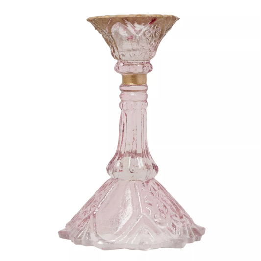 Pink Glass Candlestick with Gold Coloured Rim