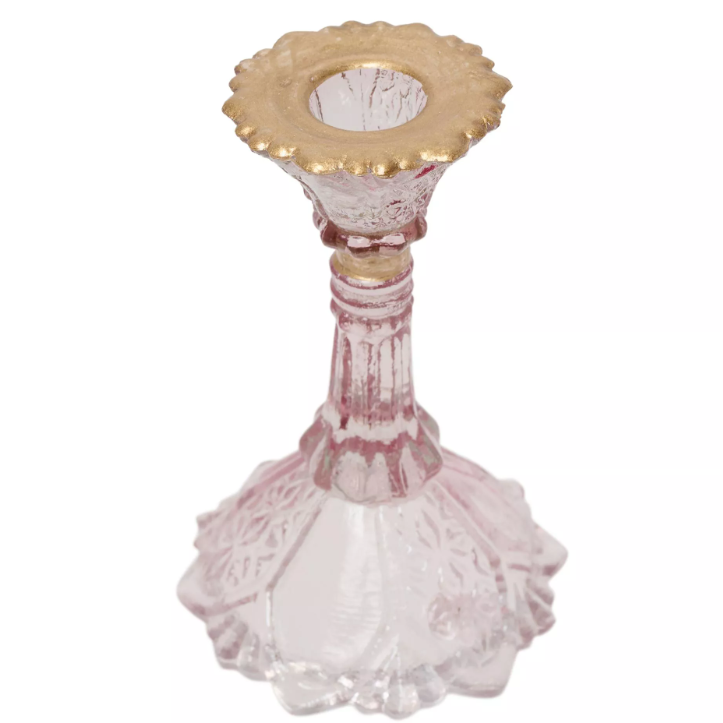 Pink Glass Candlestick with Gold Coloured Rim