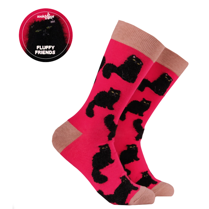 Socktopus Ladies Fluffy Black Cat Socks - Pink