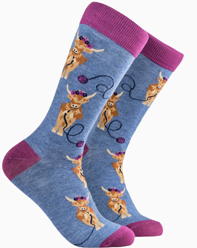 Socktopus Ladies - Highland Cow Socks - Och Aye The Moo! - Blue