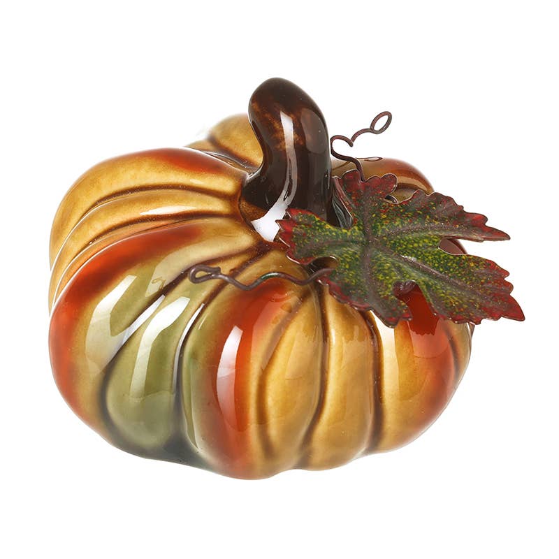 Ceramic Autumnal Pumpkin With Metal Leaf