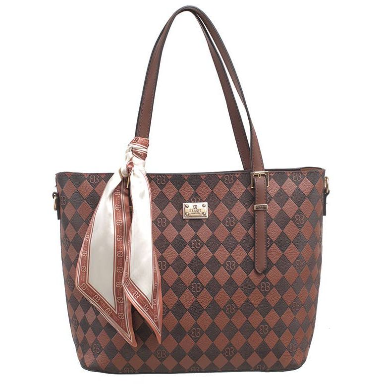 Spring Grid Shoulder Bag Set with Scarf Charm - Coffee