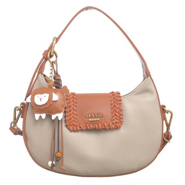 Flap Over Cross Body Handbag With Sheep Charm - Taupe