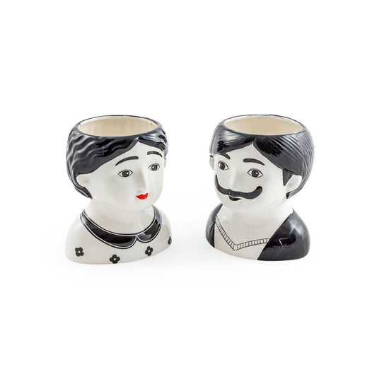 Black and White Set of 2 Large Man and Woman Ceramic Pots