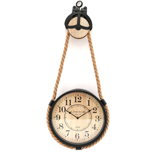 Industrial Hanging Rope Round Black Metal Clock